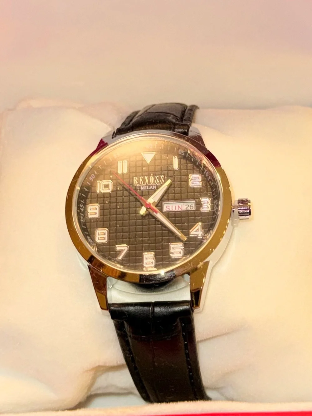 NIB Benóss Milan Men’s Black Waffle Dial Day-Date Watch | Leather Strap